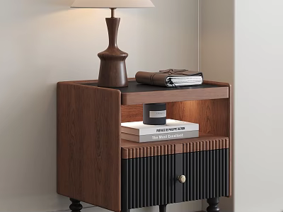 Modern Wooden Bedside Table With Table Lamp Books And Black Striped Drawer 3d model