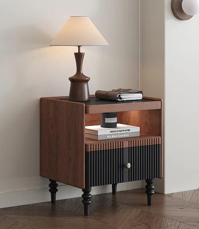 Modern Wooden Bedside Table With Table Lamp Books And Black Striped Drawer 3d model