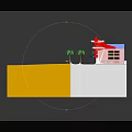 Cartoon Scene With Yellow Area Green Palm Trees Colorful Buildings Red Structure And White Path