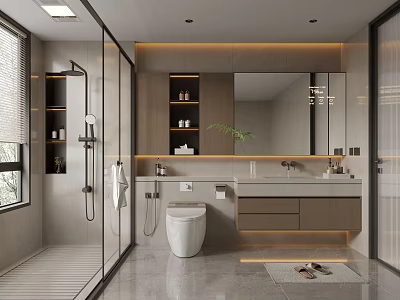Modern Bathroom Interior Design With Glass Shower Toilet Vanity Counter And Large Mirror Cabinets 3d model