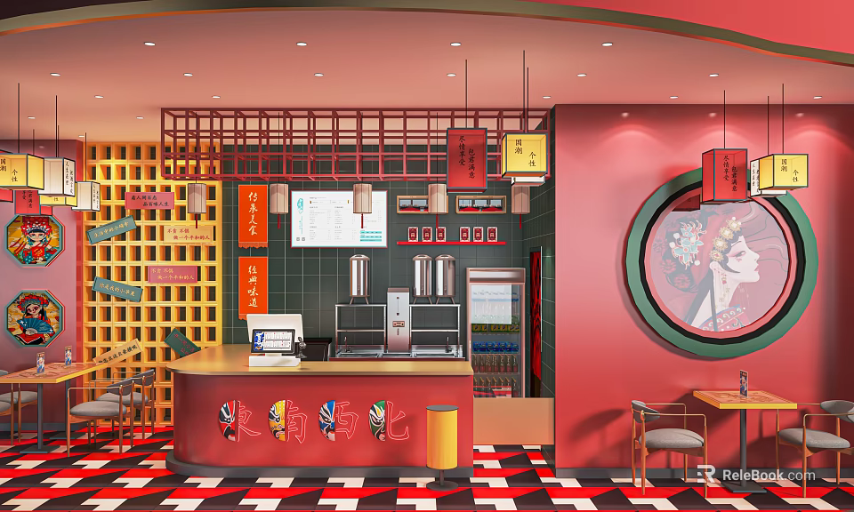 Vibrant Dessert Shop Interior With Red Walls Checkerboard Floor Hanging Lanterns And Decorative Portrait 3d model 
