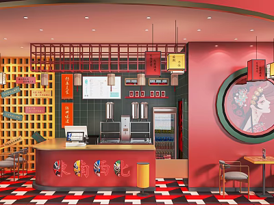 Vibrant Dessert Shop Interior With Red Walls Checkerboard Floor Hanging Lanterns And Decorative Portrait 3d model