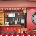 Vibrant Dessert Shop Interior With Red Walls Checkerboard Floor Hanging Lanterns And Decorative Portrait