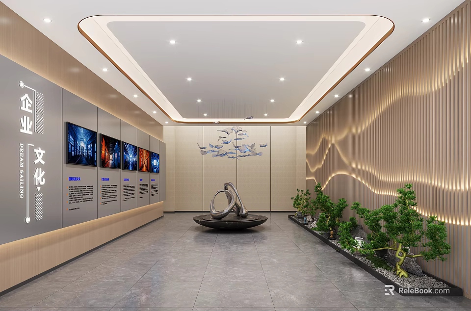 Modern Reception Area Interior Design With Cultural Display Walls Fountain Sculpture And Green Plants 3d model 