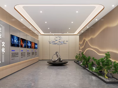 Modern Reception Area Interior Design With Cultural Display Walls Fountain Sculpture And Green Plants 3d model