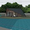 Scenic Lakefront Guesthouse Building With Wooden Structure Green Metal Roof Triangular Design And Waterfront Terrace