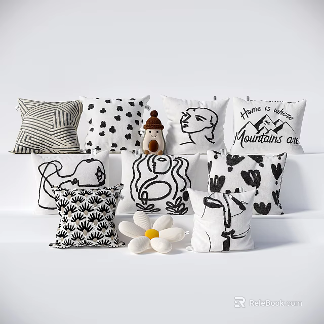 Stylish Throw Pillows With Abstract Geometric Cartoon And Text Patterns For Home Decor 3d model 