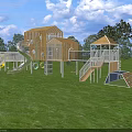 Outdoor Playground Equipment With Wooden House Shaped Structure Slide And White Railings On Grass Lawn