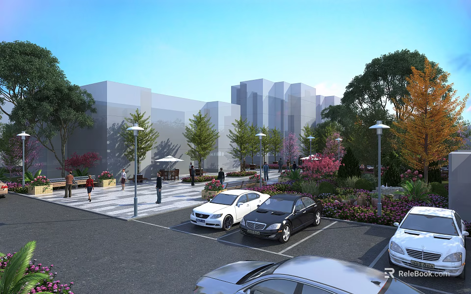 Plaza Landscape With Modern Buildings Green And Autumn Trees Street Lamps Parked Cars And Pedestrians 3d model 