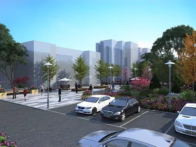 Plaza Landscape With Modern Buildings Green And Autumn Trees Street Lamps Parked Cars And Pedestrians 3d model