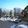 Plaza Landscape With Modern Buildings Green And Autumn Trees Street Lamps Parked Cars And Pedestrians