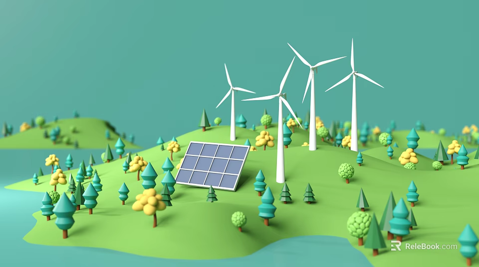 Children's Playground Area With Wind Turbines Solar Panels And Green Trees 3d model 
