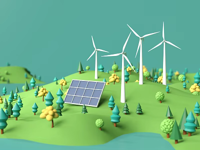 Children's Playground Area With Wind Turbines Solar Panels And Green Trees 3d model
