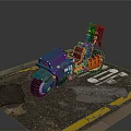 Vibrant Modified Vehicle With Blue Purple Orange Accents On Damaged Road With Yellow White Markings