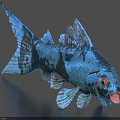 Aquatic Animal Blue And Black Fish With Detailed Scales Yellow Eyes And Open Mouth
