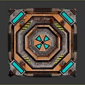 Mechanical Geometric Cube Device With Orange Blue Panels Metallic Bolts And Reflective Surface