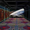 Futuristic Corridor Interior With Blue Walls Red Doors And Distant Space Landscape View