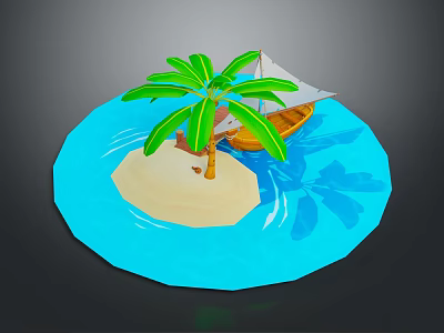 Small Tropical Island With Sand Palm Tree Wooden Boat And Blue Water 3d model