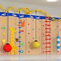 Kids Playground Equipment With Wooden Wall Colorful Climbing Elements And Cartoon Animal Decorations
