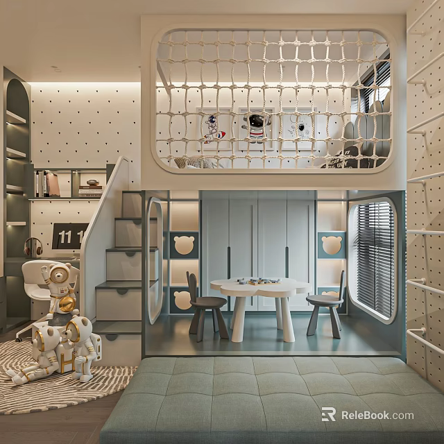 Kids Room Interior With Bunk Bed Staircase Polka Dot Walls Table Chairs And Robot Toy 3d model 