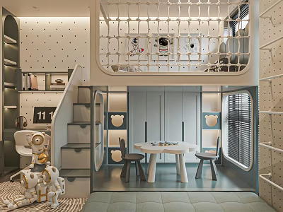 Kids Room Interior With Bunk Bed Staircase Polka Dot Walls Table Chairs And Robot Toy 3d model