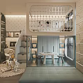 Kids Room Interior With Bunk Bed Staircase Polka Dot Walls Table Chairs And Robot Toy
