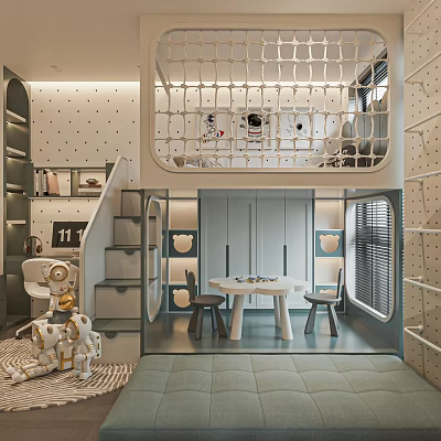 Kids Room Interior With Bunk Bed Staircase Polka Dot Walls Table Chairs And Robot Toy 3d model