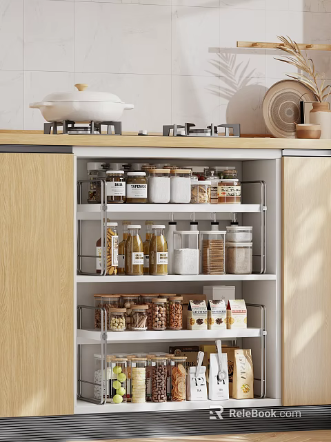 Multi Tiered Kitchen Shelf With Glass Jars For Spices And Pantry Storage 3d model 