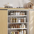 Multi Tiered Kitchen Shelf With Glass Jars For Spices And Pantry Storage