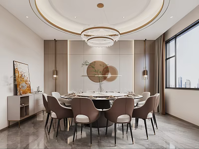 Modern Private Dining Room Interior With Round Table Chandelier Chairs Decorative Painting And Window View 3d model