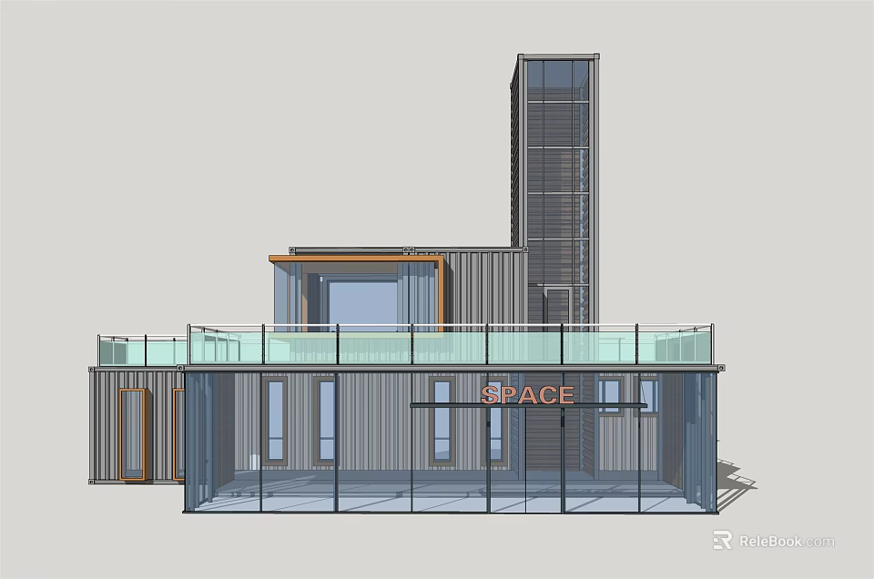 Modern Container Building Design With Glass Curtain Wall And Balcony Structure 3d model