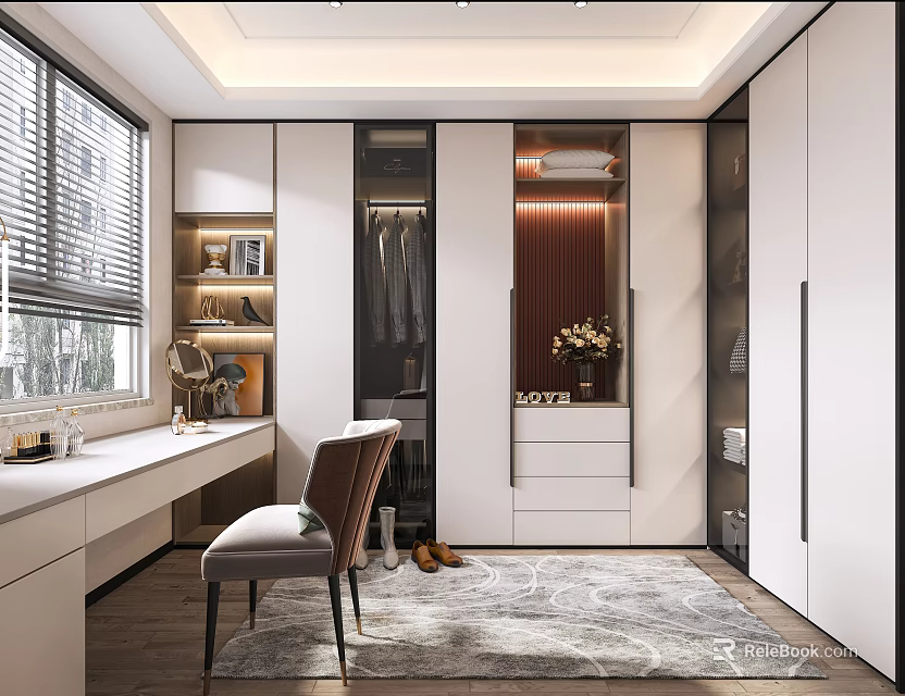 Modern Walk In Closet Design With Vanity Chair And Storage Cabinets 3d model 