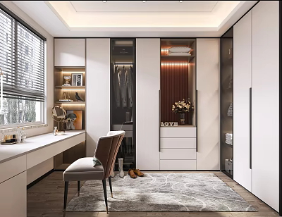 Modern Walk In Closet Design With Vanity Chair And Storage Cabinets 3d model