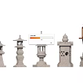 Traditional Japanese Style Outdoor Lanterns With Various Stone Designs And Decorative Tops