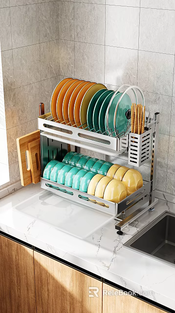 Stainless Steel Kitchen Dish Rack Organizer Set With Colorful Plates Bowls And Chopsticks 3d model 