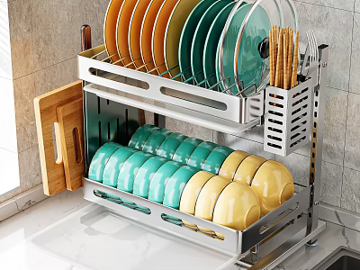 Stainless Steel Kitchen Dish Rack Organizer Set With Colorful Plates Bowls And Chopsticks 3d model