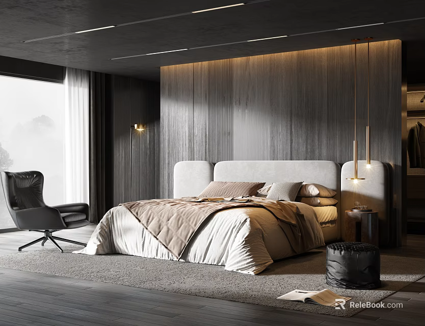 Modern Bedroom Interior With Gray Wooden Wall Minimalist Bed Frame Beige Bedding Black Armchair 3d model 