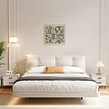 White Upholstered Double Bed with White Brown Pillows Nightstand and Green Curtains