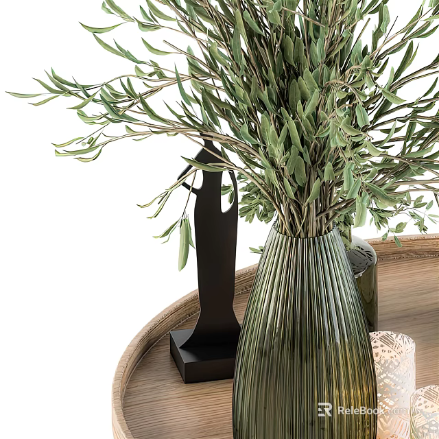 Green Ribbed Vase Holding Olive Branches On Wooden Tray With Black Statue And Candle 3d model 