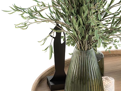 Green Ribbed Vase Holding Olive Branches On Wooden Tray With Black Statue And Candle 3d model