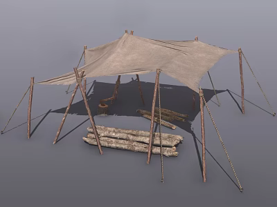 Outdoor Canvas Canopy Furniture With Wooden Pole Supports And Stacked Logs 3d model