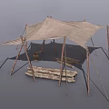 Outdoor Canvas Canopy Furniture With Wooden Pole Supports And Stacked Logs