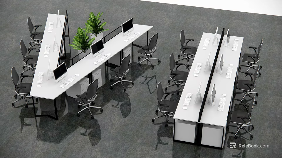 Modern Office Desk Setup With Dividers Ergonomic Chairs Computers And Green Plants 3d model 