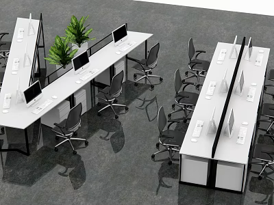 Modern Office Desk Setup With Dividers Ergonomic Chairs Computers And Green Plants 3d model