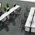 Modern Office Desk Setup With Dividers Ergonomic Chairs Computers And Green Plants