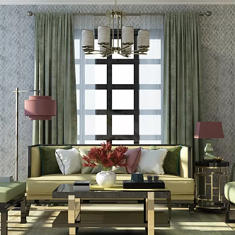 New Chinese Style Living Room Soft-fitting Combination Sofa Chandelier Floor Lamp 3d model