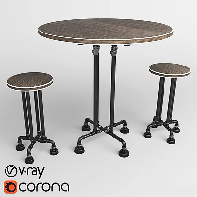 Sturdy Round Wooden Table With Black Metal Legs And Two Matching Stools 3d model