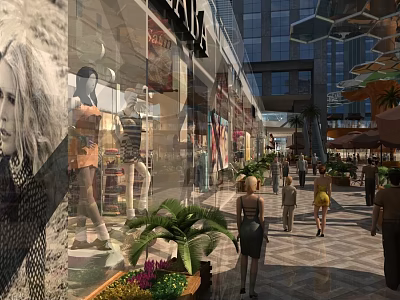 Vibrant Commercial Street with Pedestrians Storefront Displays Green Plants and Modern Buildings 3d model