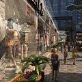 Vibrant Commercial Street with Pedestrians Storefront Displays Green Plants and Modern Buildings