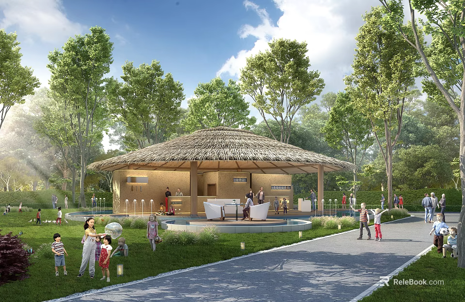 Rustic Thatched Roof Garden Pavilion For Family Leisure In Beautiful Lush Green Public Park 3d model 